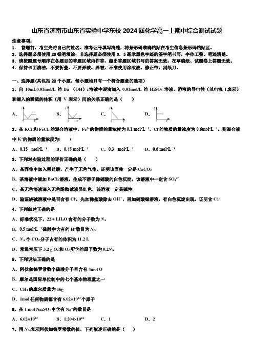 山东省济南市山东省实验中学东校2024届化学高一上期中综合测试试题含解析