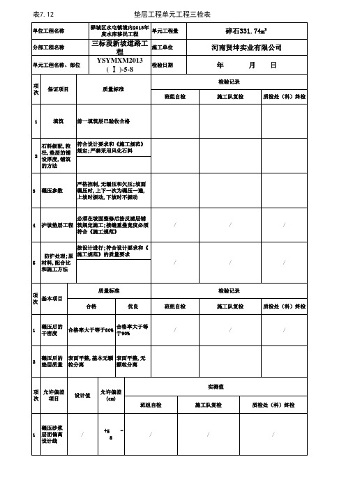 垫层工程单元工程三检表