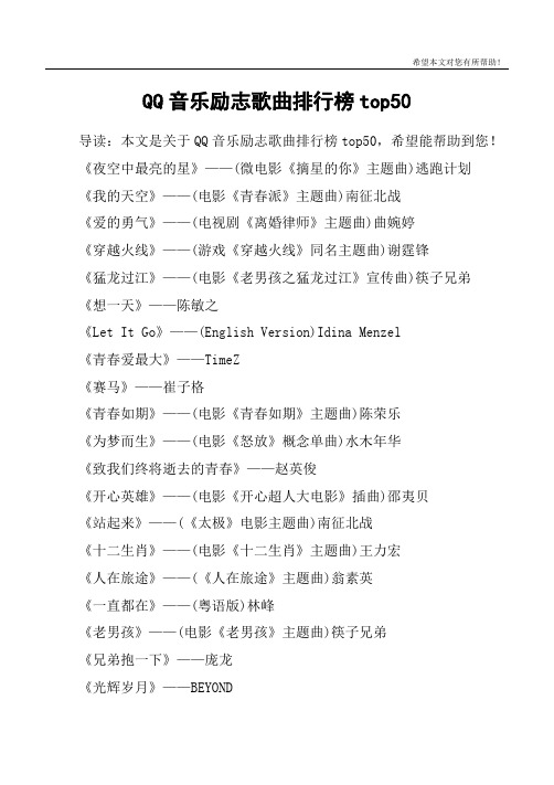 QQ音乐励志歌曲排行榜top50