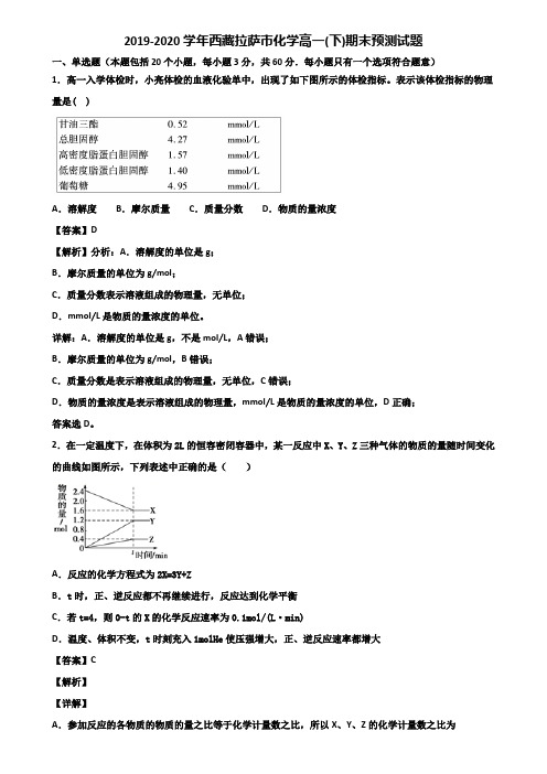 2019-2020学年西藏拉萨市化学高一(下)期末预测试题含解析