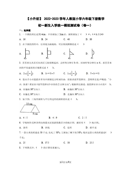 小升初 2022-2023学年人教版小学六年级下册数学初一新生入学统一模拟测试卷(卷一)含答案