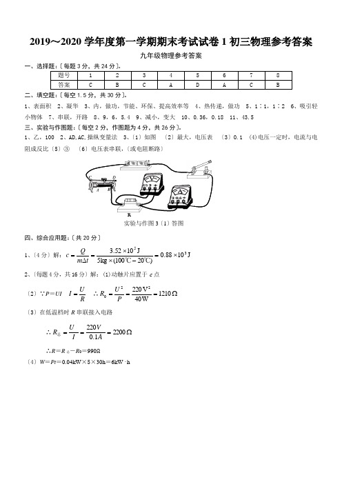2019～2020学年度第一学期期末考试试卷1初三物理参考答案