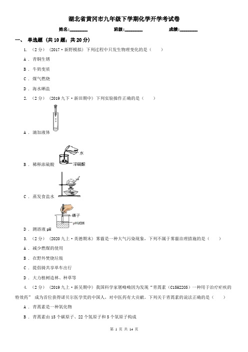 湖北省黄冈市九年级下学期化学开学考试卷