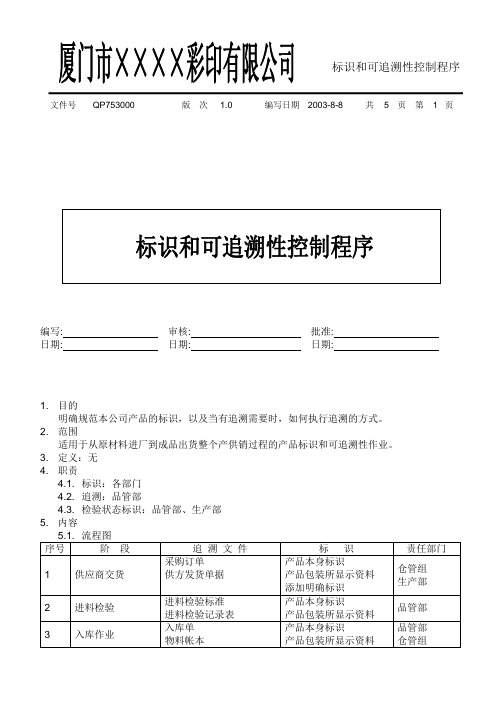 [印刷行业ISO9000]标识和可追溯性控制程序(标准范本)