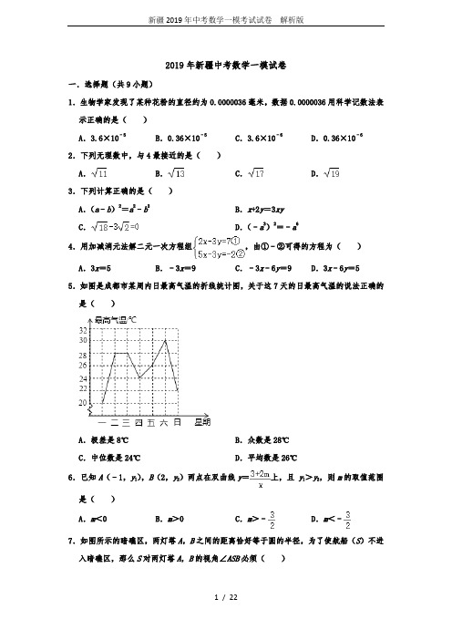 新疆2019年中考数学一模考试试卷  解析版