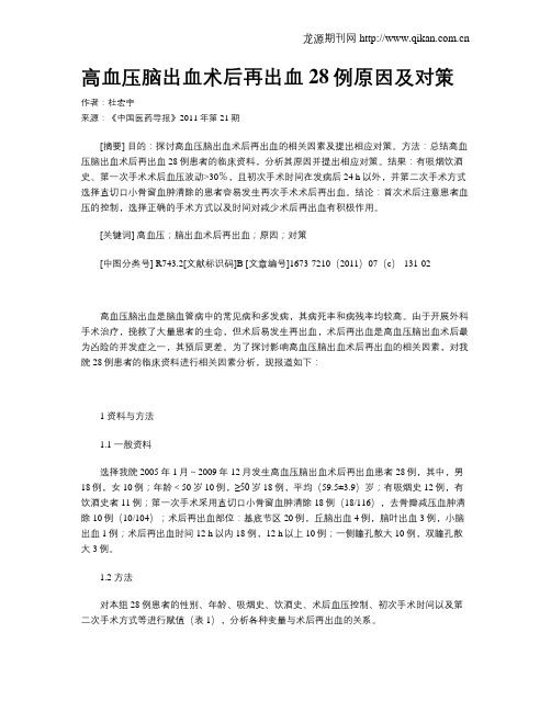 高血压脑出血术后再出血28例原因及对策