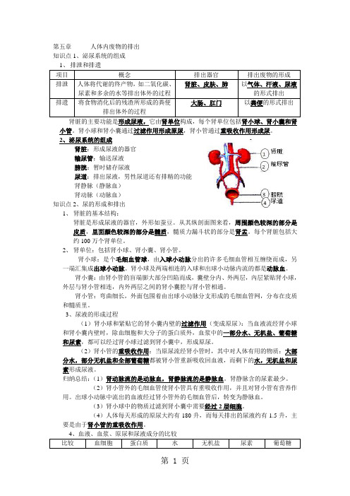 人教七下生物第四单元第五章  人体内废物的排出知识点提纲