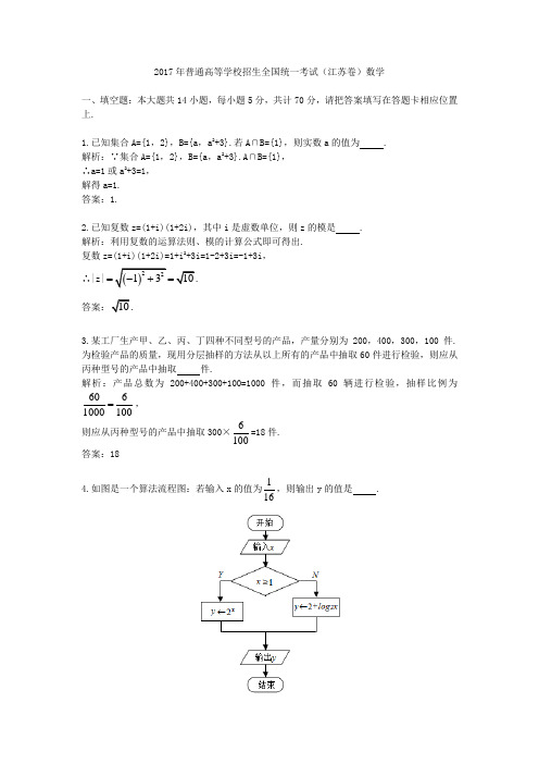 (精品word版)2017年普通高等学校招生全国统一考试(江苏卷)数学