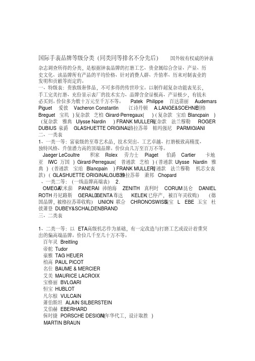 手表品牌等级分类
