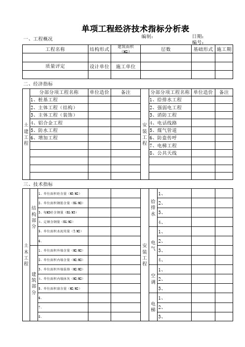 单项工程经济技术指标分析表