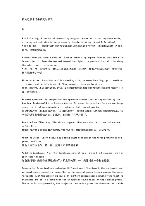 胶片电影术语中英文对照表