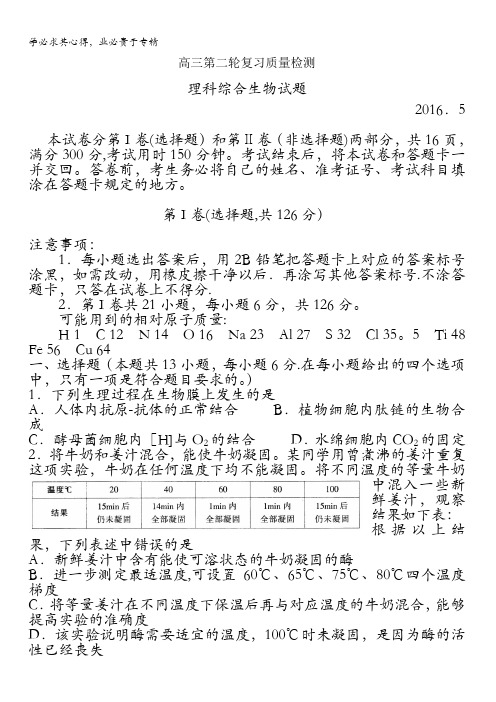 泰安市2016高三第二轮复习质量检测理综生物试卷 含答案