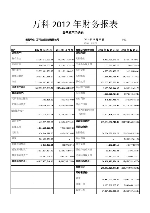 万科2012年财务报表