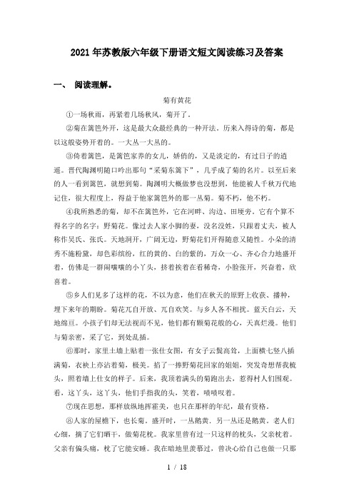 2021年苏教版六年级下册语文短文阅读练习及答案
