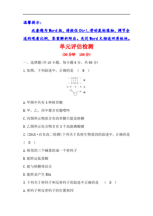 2020-2019学年高中人教版生物必修二单元评估检测第四章 基因的表达 Word版含解析