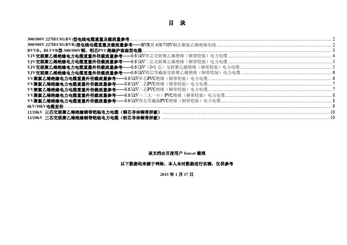 20kV以下常规电线电缆重量外径载流量参考