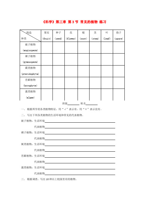 七年级科学上册《常见的植物》同步练习1 浙教版 精品