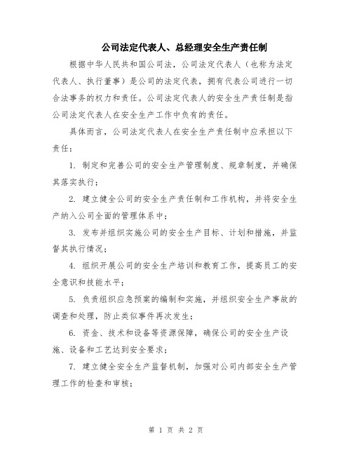 公司法定代表人、总经理安全生产责任制