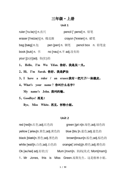 新版PEP小学英语三年级到五年级单词带音标常用表达