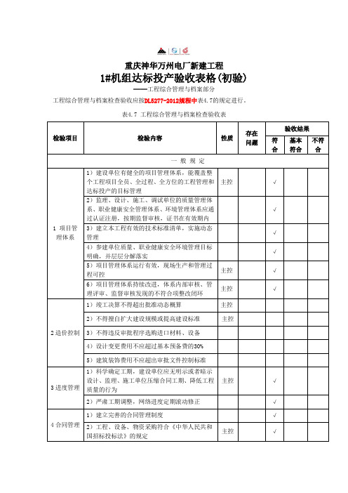火电厂达标投产验收表(工程综合管理与档案)