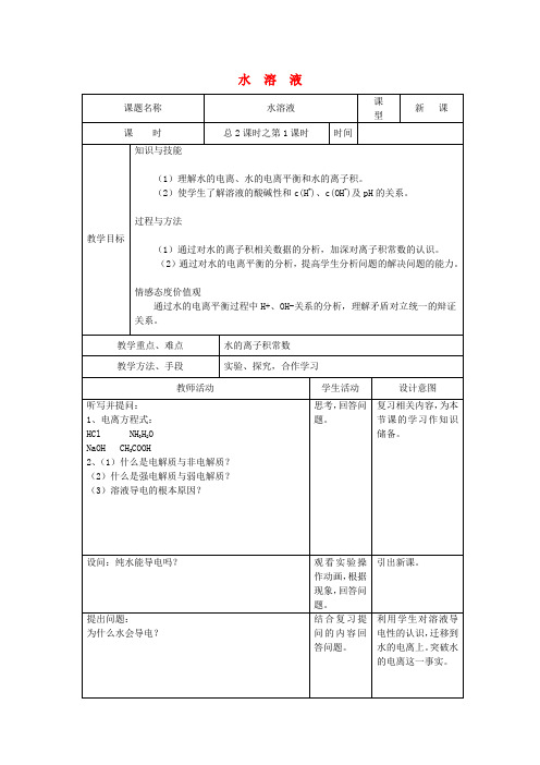 高中化学 第3章 物质在水溶液中的行为 第1节 水溶液教案(2) 鲁科版选修4