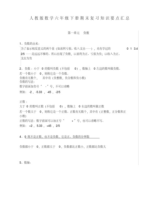 最新2020数学六年级下册期末复习知识要点汇总最新人教版