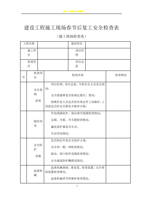 建设工程施工现场春节后复工安全检查表