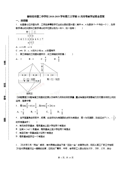 攀枝花市第二中学校2018-2019学年高三上学期11月月考数学试卷含答案