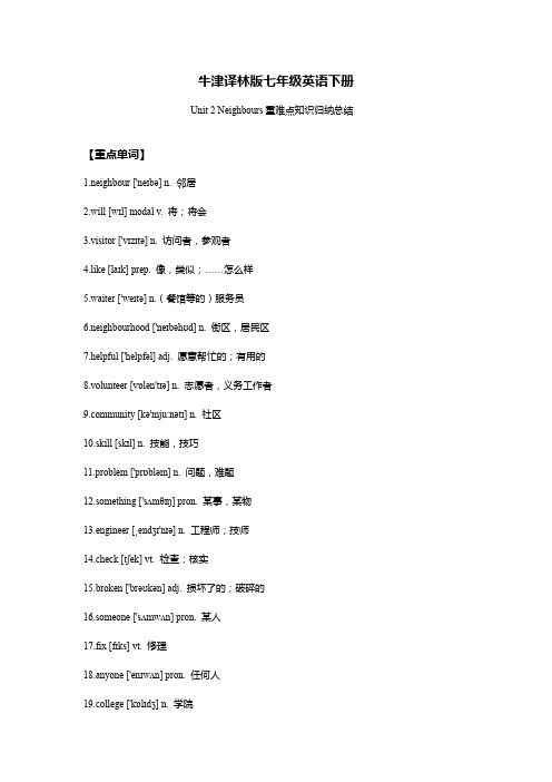 牛津译林版七年级英语下册Unit 2 Neighbours 重难点知识归纳总结