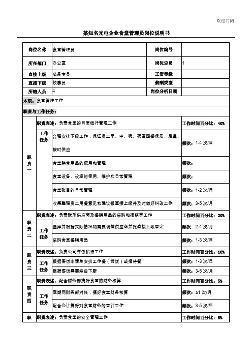 某知名光电企业食堂管理员岗位说明书模板