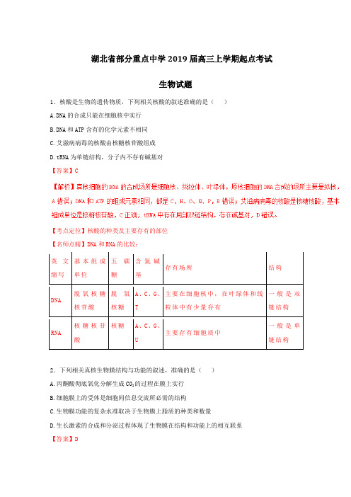 2019届高考生物百强名校试题解析精编版：湖北省部分重点中学2019届高三上学期起点考试(解析版)