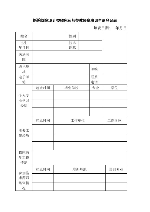 医院国家卫计委临床药师带教师资培训申请登记表