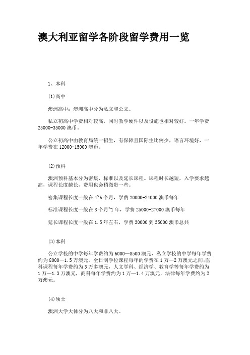 澳大利亚留学各阶段留学费用一览