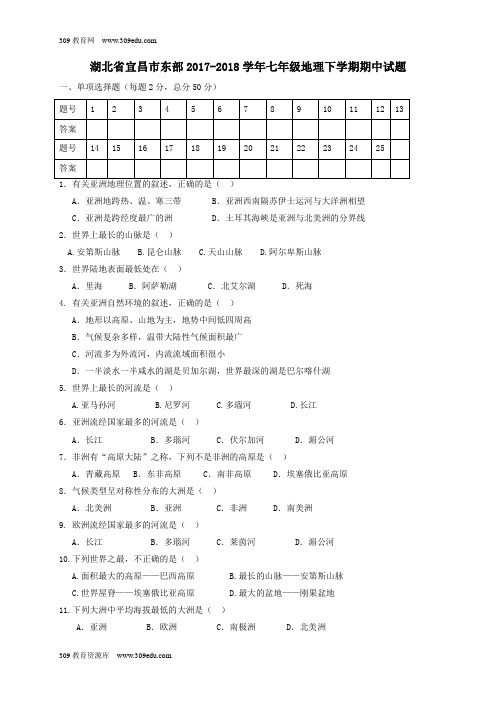 湖北省宜昌市东部2017_2018学年七年级地理下学期期中试题新人教版