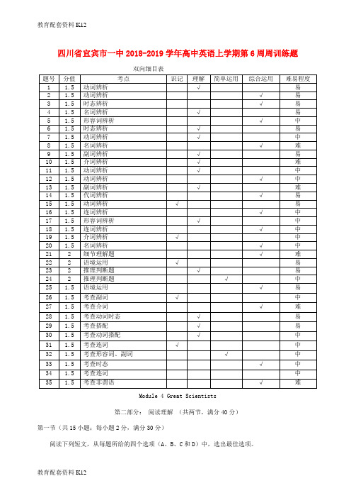【配套K12】四川省宜宾市一中2018-2019学年高中英语上学期第6周周训练题
