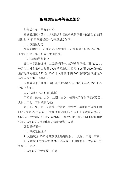 船员适任证书等级及划分