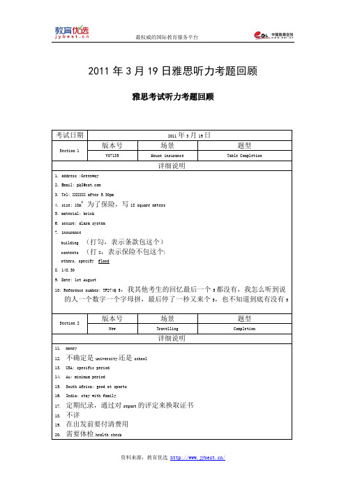 2011年3月19日雅思听力考题回顾