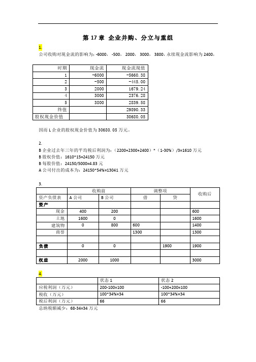 《公司理财》第二版课后答案 17 企业并购、分立与重组