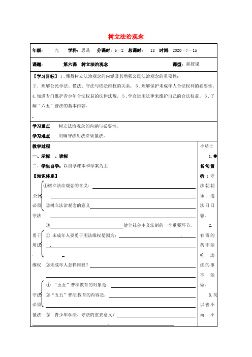 江苏省连云港市2020届九年级政治全册第三单元崇尚法律第6课做守法公民第2框树立法治观念导学案无答案苏教版