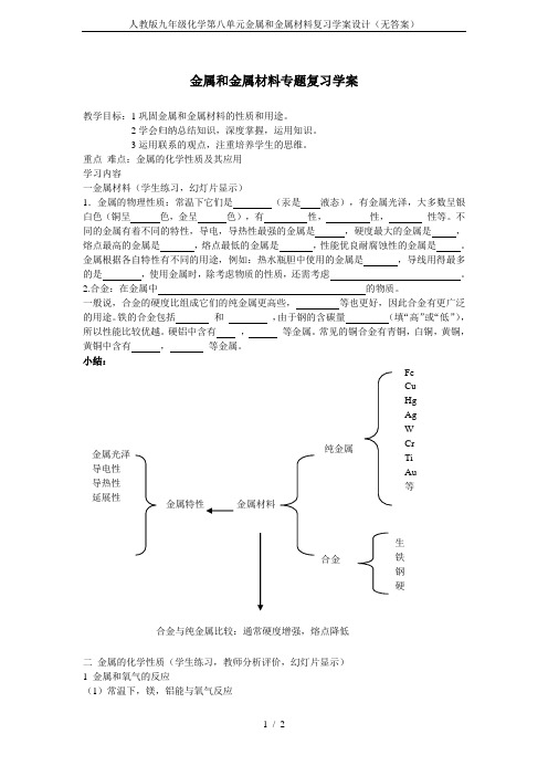 人教版九年级化学第八单元金属和金属材料复习学案设计(无答案)