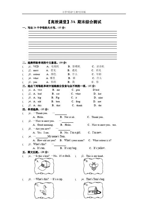 科普版-英语-三年级上册-【高效课堂】3A 期末综合测试(含答案)
