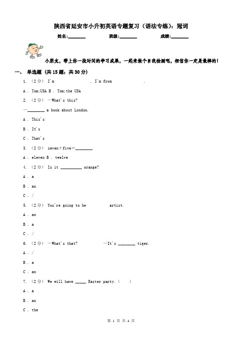 陕西省延安市小升初英语专题复习(语法专练)：冠词