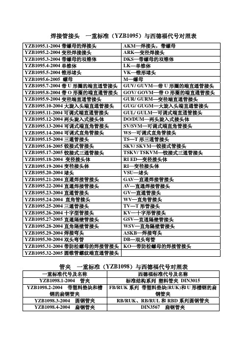 一重标准与西德福代号对照表