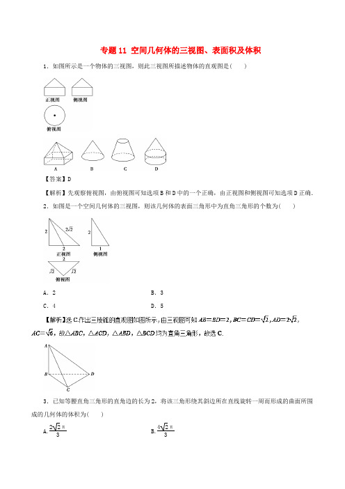 2018年高考数学二轮复习 专题11 空间几何体的三视图、表面积及体积押题专练 文