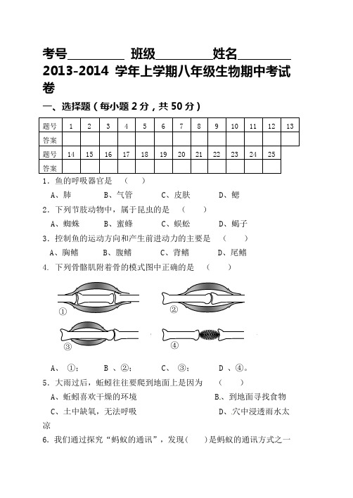2012--2013学年上学期八年级生物期中考试卷