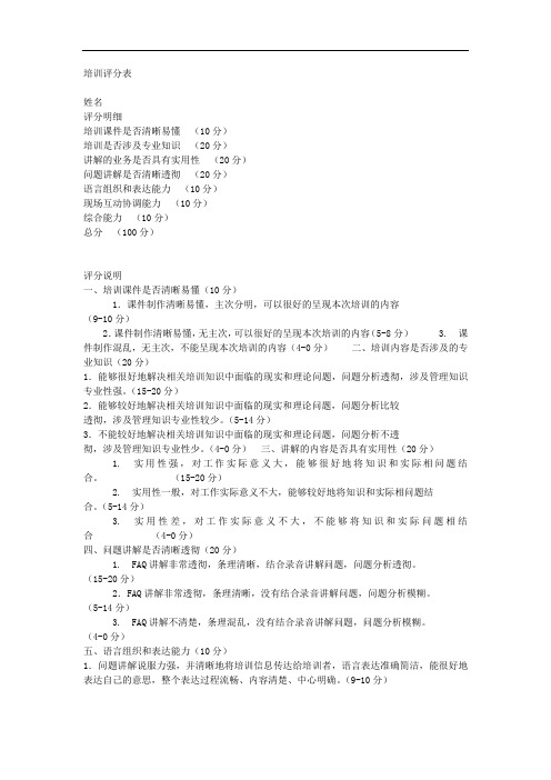 培训评分表