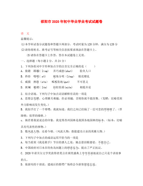 湖南省邵阳市2020年中考语文真题试题