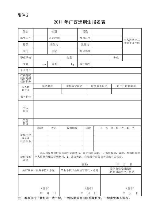 2011年广西选调生报名表