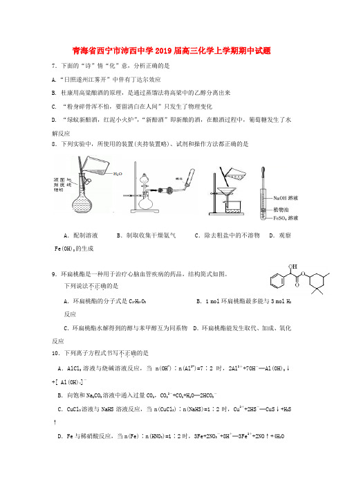青海省西宁市沛西中学2019届高三化学上学期期中试题