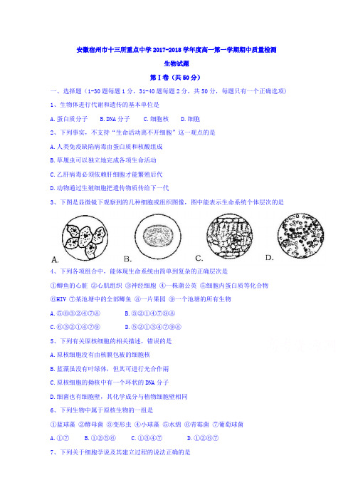 安徽宿州市十三所重点中学2017-2018学年高一上学期期中质量检测生物试题
